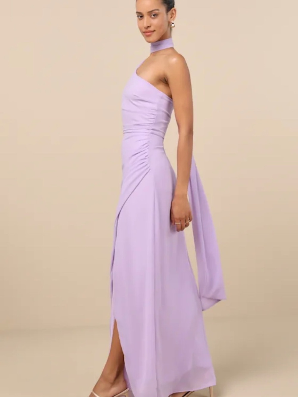 Lulus Adeline Lavender One-shoulder Scarf Maxi Dress Purple - Size S - Picture 3 of 3